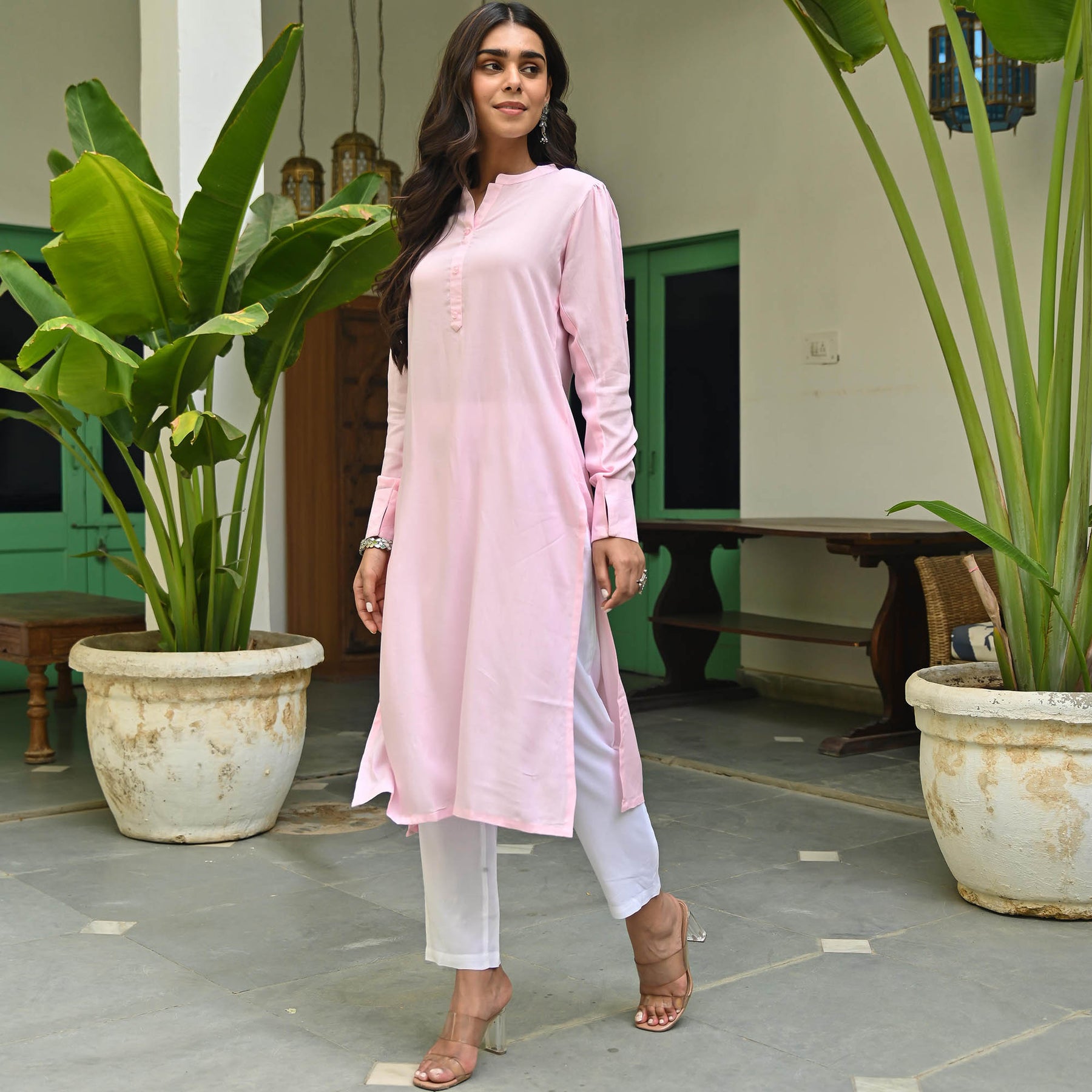 Mint to Pink Ombre Chikan Long Kurti with Palazzo Pants - Seasons India